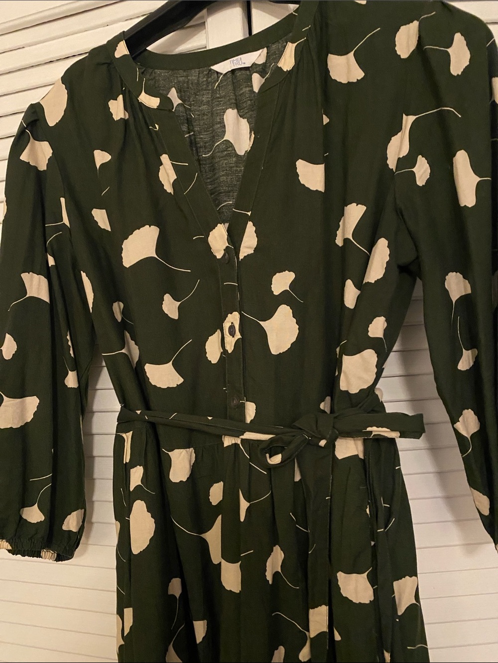 Time and Tru Olive Green & Cream Tie-Waist Midi Dress - Picture 2 of 3